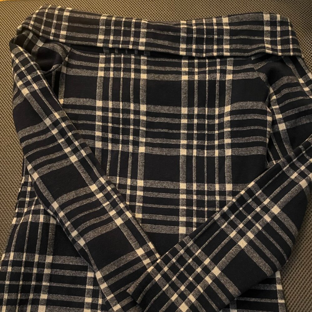 Banana Republic Navy Plaid Off the Shoulder top.